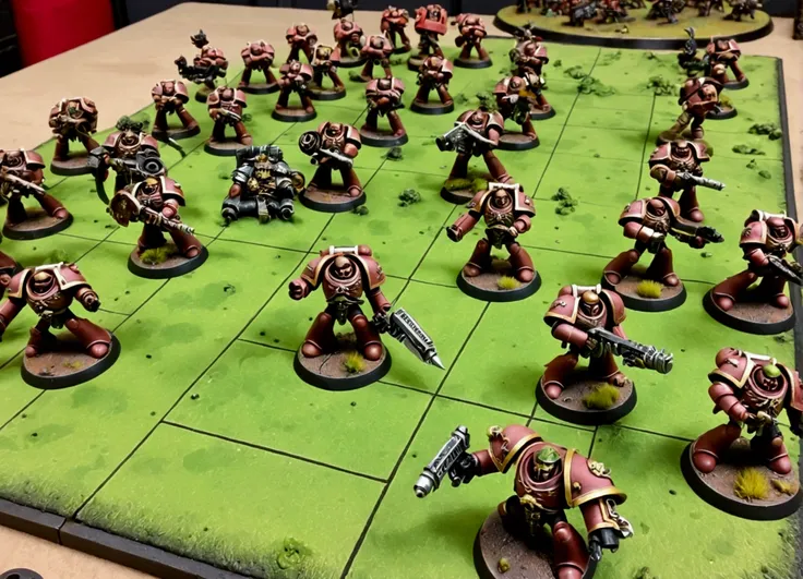 warhammer 40k, chaos marines of nurgle are combatting Ork Boyz, miniature warfare, miniatures battling on a table top battlefield, close up of miniatures on battle board
