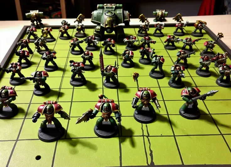 warhammer 40k, chaos marines of nurgle are combatting Ork Boyz, miniature warfare, miniatures battling on a table top battlefield, close up of miniatures on battle board
