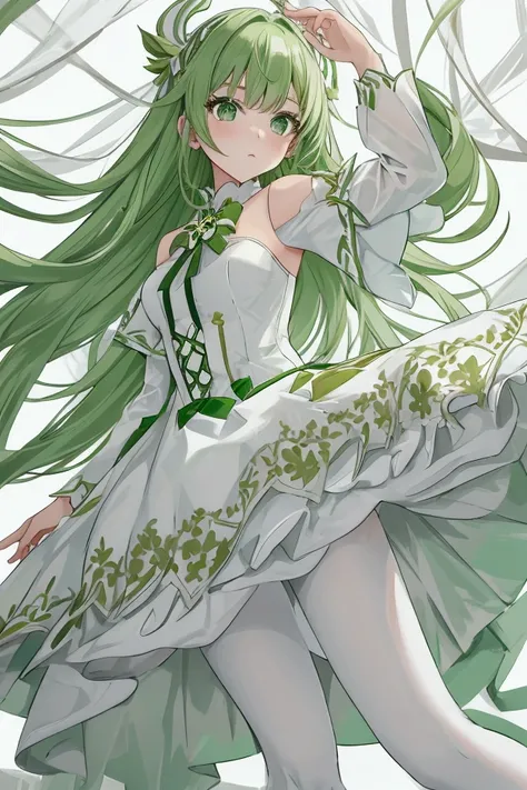 green eyes, green hair, white dress with green details, white tights with green shoes