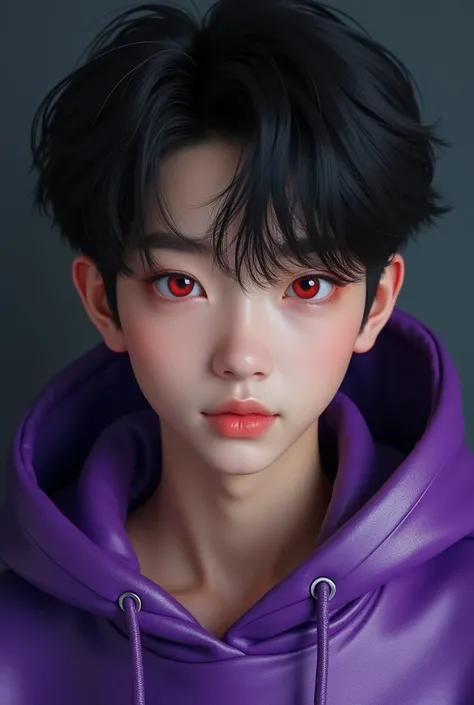 1 boy, handsome boy, black hair, comma hair, forehead comma hair, korean hair, street style, Purple hoodie, shiny, Red eyes, looking at viewer, upper body, shy face, (best quality,4k,8k,highres,masterpiece:1.2),ultra-detailed,(realistic,photorealistic,phot...