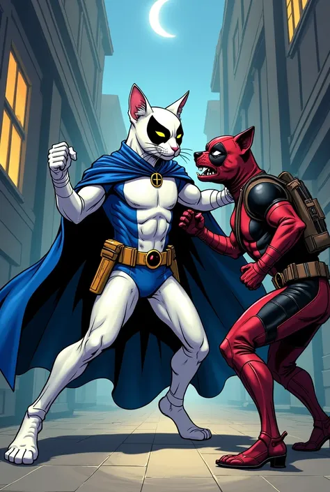 Make me a cat in a 2D building with Moon knight costume, while hitting a dog Deadpool 