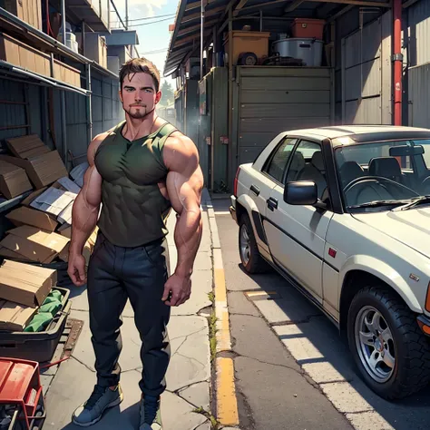 masterpiece , 32k , best quality , detailed face , natural eyes, 1man, mature man, , muscled and hunk, (((stephen amell))) as a mechanic wearing totally unbuttoned overall, showing his nipples and muscles , sweating, tight cloth , full body view , STANDING...