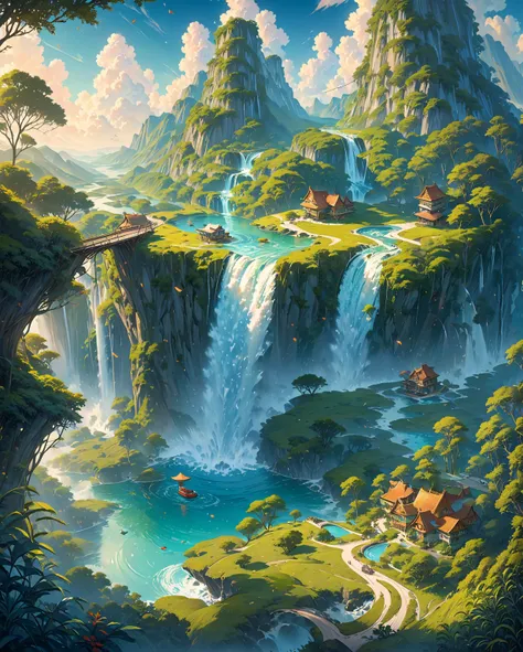 a painting of a car in the jungle with a waterfall and a waterfall in the, fantasy matte painting，cute, cyril rolando and goro fujita, whimsical fantasy landscape art, fantasy jungle, magic realism matte painting, sylvain sarrailh and igor morski, makoto s...