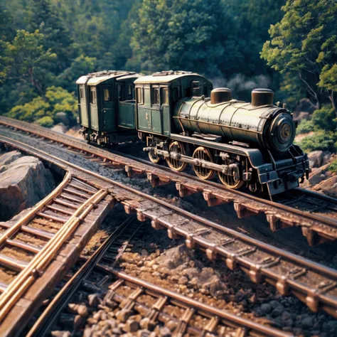 miniaturerailwaydiorama、circular line、very detailed、a complex and intricate landscape、tree、bridge、line、realな質感、weathered and age...