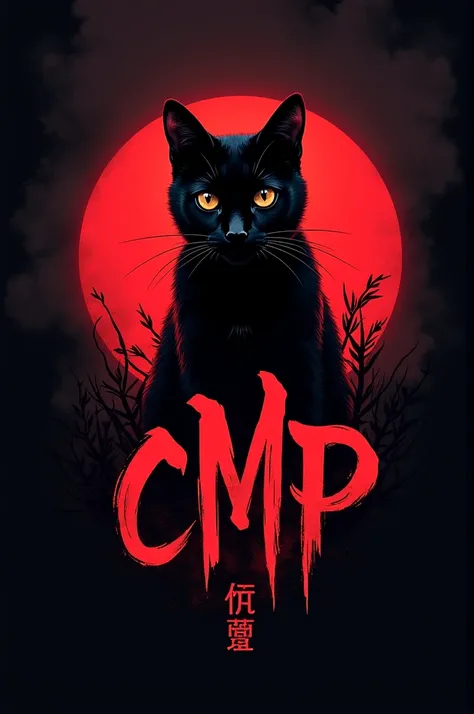 Generate a logo where there is a black cat, black background, Japanese letters around and below have the letters "CMP" large neon red letters