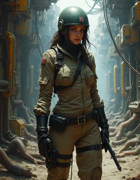 A stranded female Cyborg Soldier in an abandoned Battle Starship Shipwreck, metal cable wire, circuit cables, dystopian futuristic scene, realistic style in Don Lawrence brush stroke, oil on canvas, octane render with dramatic lighting and strong shadows, ...