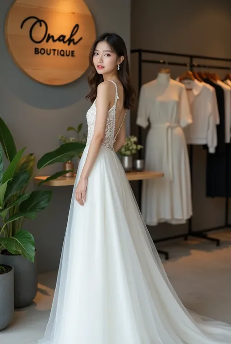 A beautiful Korean woman in an elegant and simple wedding dress acts as a brand influencer for a fashion brand. She wore a luxurious white wedding dress with soft colors such as white, gray, brown, black. In the background there is a chic boutique atmosphe...