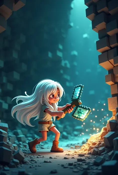 white haired girl mining diamonds with a diamond pickaxe in minecraft