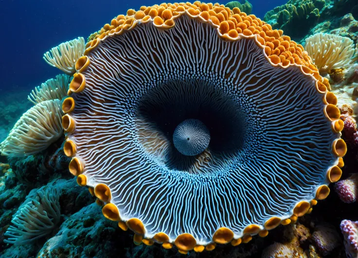 a close up of a barnacle attached to a hunk of coral, the tide has carried plankton close to the barnacle and it has extended its filter feed tendrils, detailed and realistic, highly detailed, 8k, photograph, macro photography, close up, intricate details,...