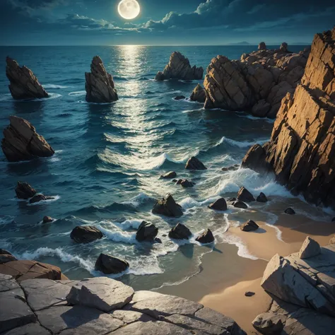 Sea with numerous giant pointed stones coming out of the water, night, scary image, yellowish shades of light, brown rocks, 3 meter high rocks, fang like rocks, Soft moon illumination, Countless rocks per kilometer
