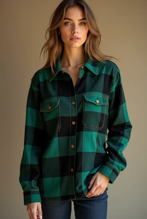 Create a green and black plaid shirt design with a fall-winter trend ideal for young women