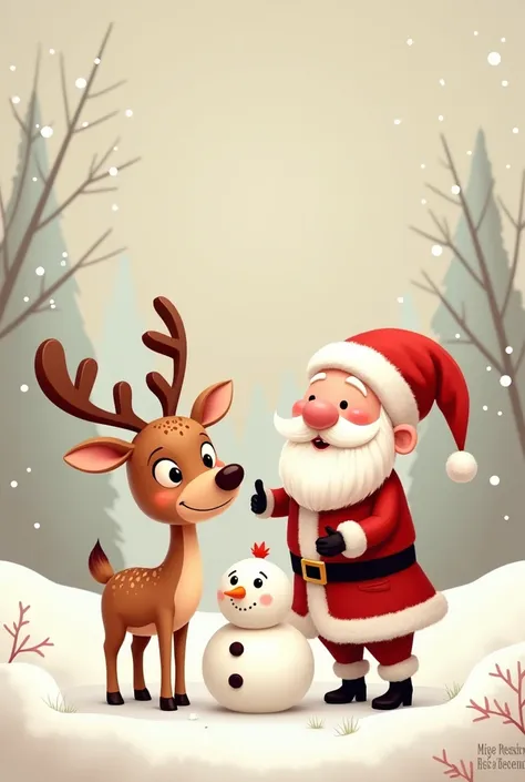 Square image with a playful reindeer and Santa Claus design, very stylish with soft colors like beige and light red with Santa Claus reindeer and snowman 