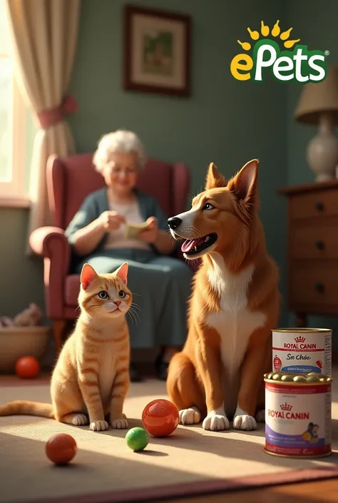 Create me a realistic dog and a realistic cat surrounded by royal canin food and play balls next to them a grandmother who sews on a chair and in the upper right corner ePets written in green yellow 
