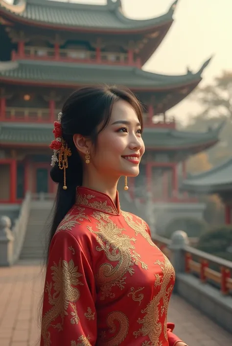 The backdrop is a Chinese temple with incense sticks and smoke billowing. A sweetly smiling Thai woman wearing a red and gold cheongsam with a dragon pattern stands in front of the temple. 