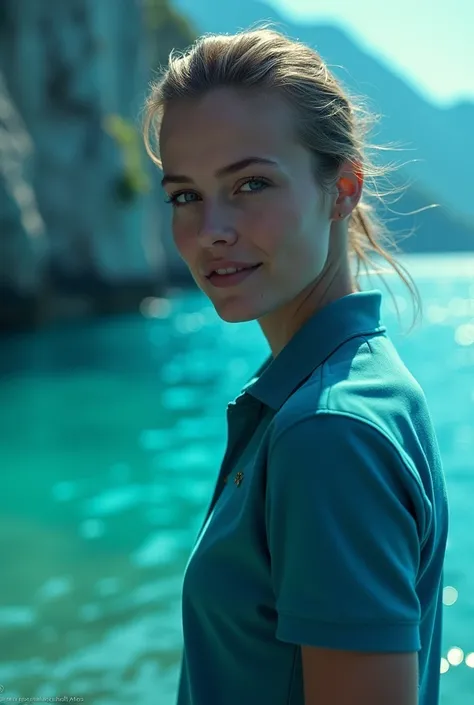 Create a polo shirt with a shirt collar that inspires power and love with the color palette of the sea