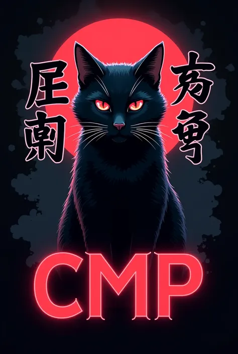 Create a mascot logo with a black cat with a black background that has Japanese letters on both sides in large size and below with the name "CMP" large neon red color