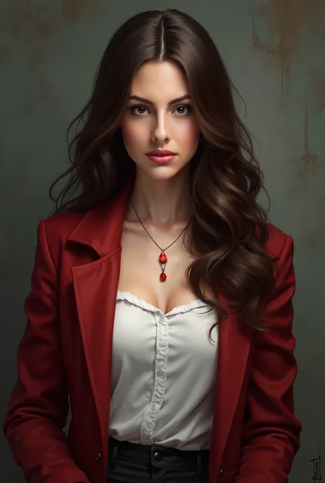 Girl with long wavy brunette hair wearing black necklace with small red pendant, medium bust size, white shirt inside dark red long jacket