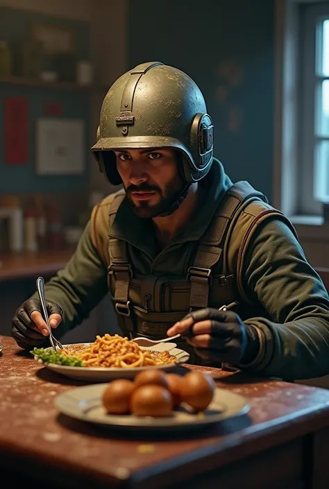 Bgmi with his helmet character eating dinner
