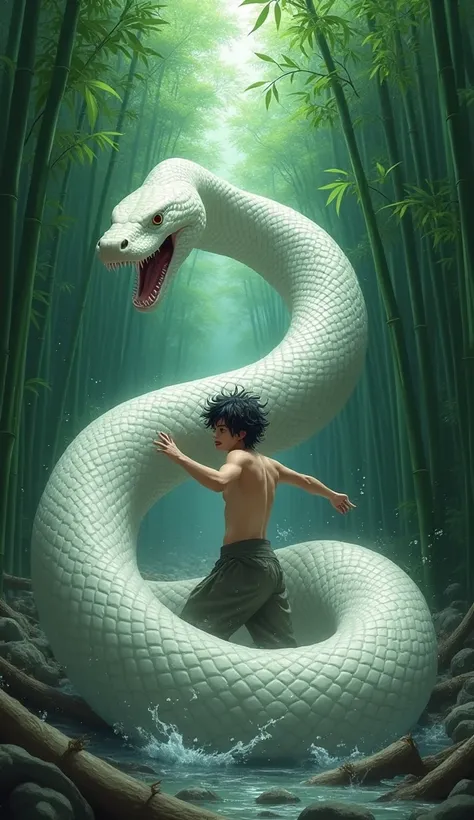 Entangled in a giant white snake，In the bamboo forest，Folk suspense manga style，Cinematic sensation，Photorealistic，。.3d