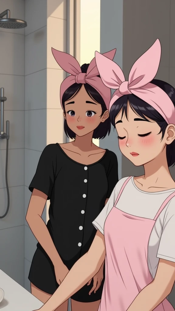 2 girls in their 20’s doing skin care routine at white bathroom, one wearing pink silk shorts and white T-shirt with pink towel fabric headband with bow, the other wearing black short sleeved buttoned top and black silk shorts with towel pink headband with...