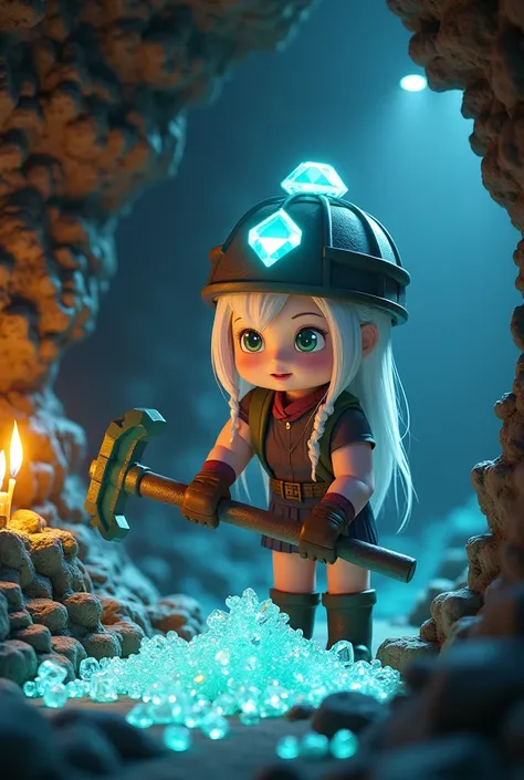 white haired girl mining diamonds with a minecraft diamond pickaxe in a minecraft mine the girl is wearing a minecraft diamond helmet, that looks more like Minecraft and the environment more like reality