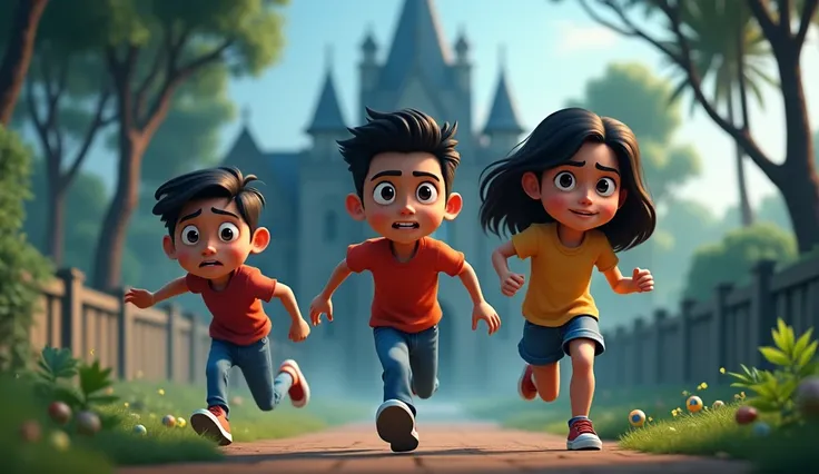 Sona,Rohit,Mohan, he is friend and 20. year old 3D cinematic realistic cartoon style 

They ran out as fast as they could and hurried away from the mansion.