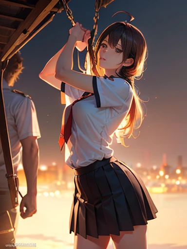 (8k, RAW Photos, Best Quality,masterpiece:1.2), (Realistic, Photorealistic:1.5), Highly detailed skin, Beautiful fine details, One girl, Spreading legs with ahoge, uniform, Seraph, Short sleeve, Pleated skirt, suspended congress,Standing Missionary Positio...