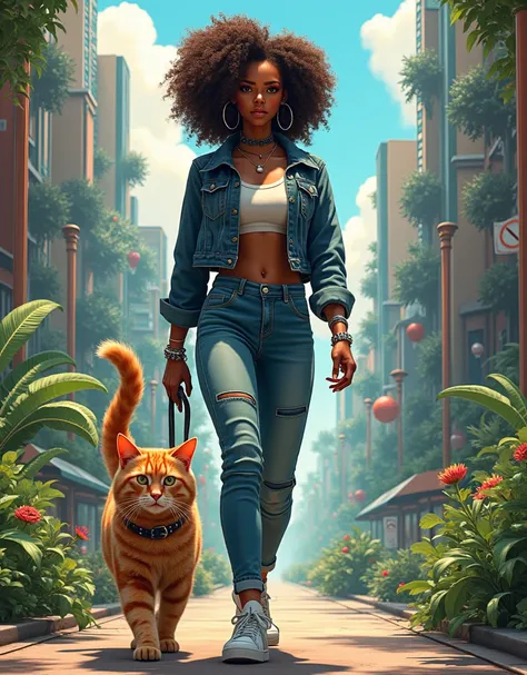 A beautiful shirt curly hair style humanoid Cyborg Shell donning casual fashion outfit walks her fullsize Mainecoon cat, insanely detailed and intricate background city park scene with some other objects, a masterpiece cinematic photo realistic illustratio...