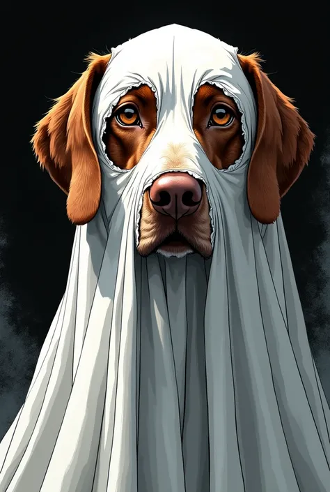 beautiful vizsla with big eyes in Peaky Blinders style as a ghost with bedsheet with holes for eyes as a mask as coloring picture black and white comic 