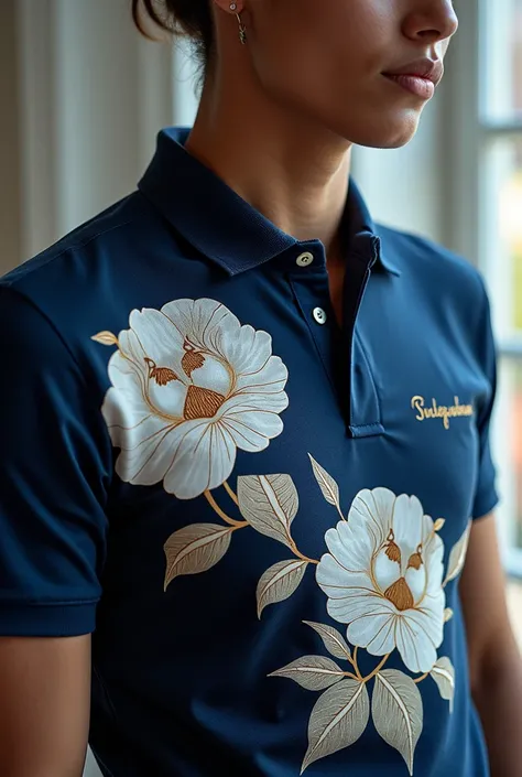 Create a sample of a polo shirt with a shirt collar that inspires power and love with the navy and white color palette. Only the pole, with elegant and fine large designs
