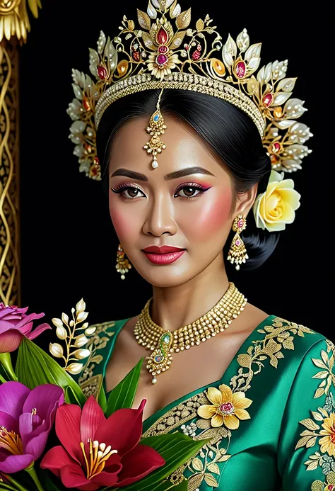 A malay queen wearing baju kebaya, kerongsang, high-quality malay traditional jewelry, intricate details, hyperrealistic, 8k, masterpiece, cinematic lighting, brilliant colors, photorealistic, extremely detailed face and portrait, beautiful eyes, sharp foc...