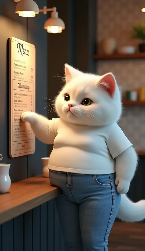 Outstanding 3D rendering of a fat white teenage cat wearing a white t-shirt and long jeans, staring at a coffee menu or pointing at a menu with his finger. The atmosphere is casual. The rendering is in a modern and sleek coffee shop. The atmosphere in the ...