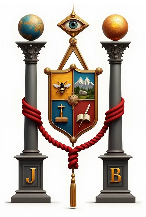 A Masonic coat of arms, in which there should be, two columns joined by a red cord, the left column labeled with the letter J and the right labeled with the letter B, above the column J terrestrial sphere, and the column B above it holds celestial sphere o...