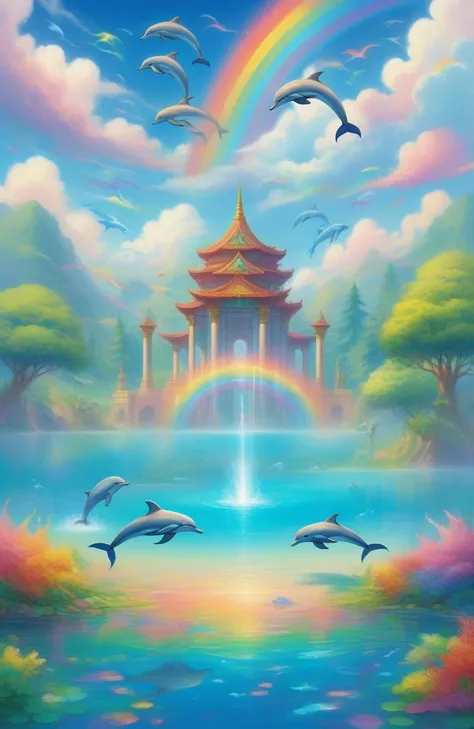 A pond of clear water, Temple, with dolphins, coming out of the water, rainbow of background colors, in a blue sky, with clouds