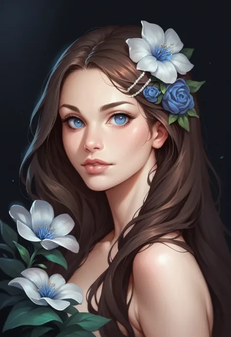 1girl, black background, black hair, blue eyes, brown hair, flower, hair flower, hair ornament, lips, long hair, looking at viewer, portrait, realistic, simple background, solo