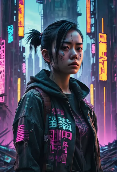 A highly detailed illustration of a young woman standing in a dystopian cityscape, surrounded by towering, ruined skyscrapers and flickering neon signs. Shes wearing tattered, futuristic clothing and has a determined expression. The atmosphere is moody wit...