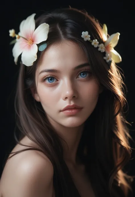 1girl, black background, black hair, blue eyes, brown hair, flower, hair flower, hair ornament, lips, long hair, looking at viewer, portrait, realistic, simple background, solo