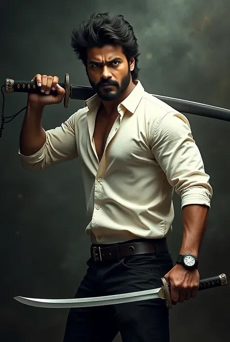 pawan kalyan dressed like merone shirt and black pant and katana on hand, hair effect, fight pose, average body , no body building body, Gangster film poster, written a name "They Call Him OG" on poster