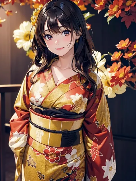 4k, bestquality, detailed, detailed scenery, detailed eyes, 1Girl, cute, adorable, straight hair, long hair, black hair, brown eyes, cleavage, smiling, looking at the camera, standing, a kimono with a deep crimson red base, featuring elegant black and gold...