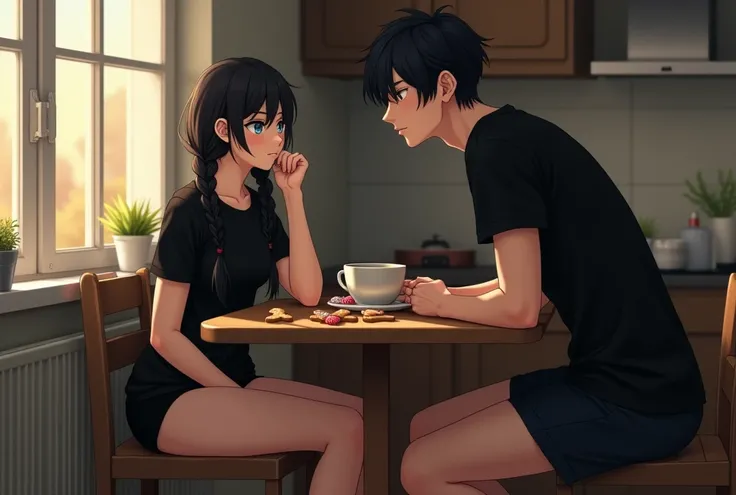 realistically , Beautiful girl, Blue eyes, black hair, two braids, black t-shirt,  black panties, black socks, bare legs ,  tender ,, full-length, says something, spread your legs ,sits at the table, a mug of coffee in his hands, sits in the lotus position...