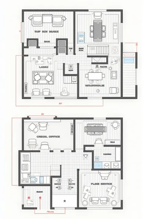 Make a plan of 2 floors of a bank, 1st floor 1 window, 10 platforms, waiting room and vault, 2nd floor 1 manager&#39;s office, 1 office of chief operating officer, 2 offices of head of credits and sanitary services