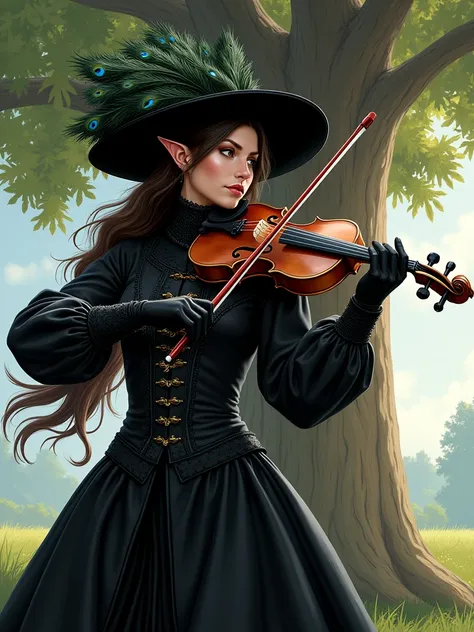 Create a version of Dragon Age Inquisition character Florianne de Chalons dressed in 17th century style black hunting attire. She should wear wide brim black hat in period accurate style, decorated with peacocks feathers. The ears should be slightly pointy...