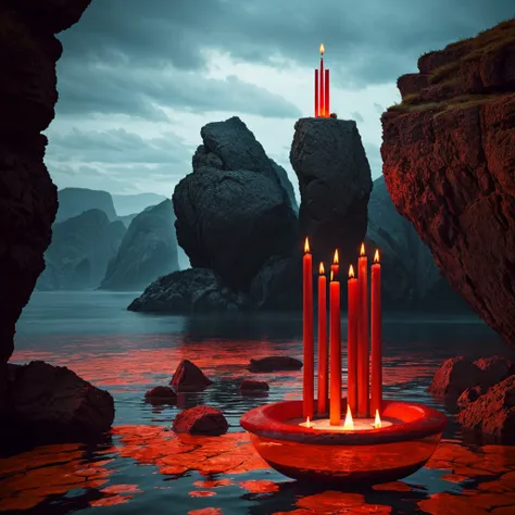 1 huge red candlestick on top of a floating in the mid air island,surrounded by floating rocks in the middle of hell, Surrealismo,