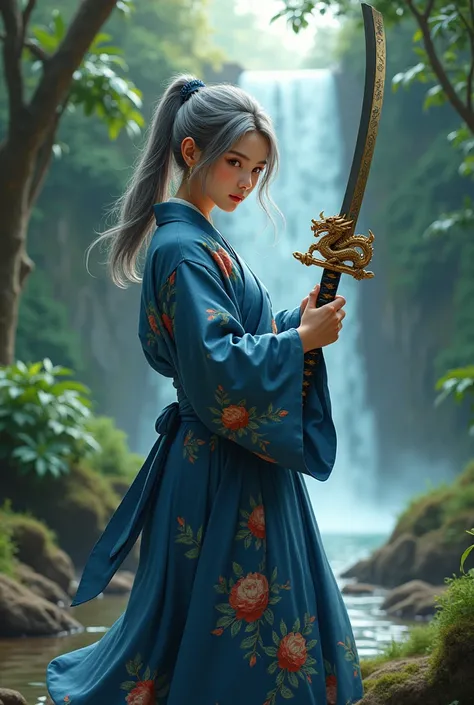 
create 25yo asian indo girl slightly overweight, wear a blue kimono with flowers, holding a kodachi with dragon ornamen in it, standing make a pose ready to cut something, wear a slippers , gray hair in one ponytail, in the middle of jungle with nice and ...