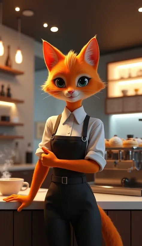 A striking 3D render of an orange teenage cat girl, wearing a coffee shop staff uniform, asking politely, while standing behind the counter, in a casual atmosphere. The render is set in a modern and sleek coffee shop, the atmosphere in the scene is cinemat...