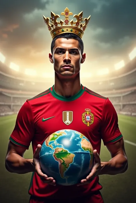 Cristiano Ronaldo with a golden crown holding the planet earth in his hands with the Portugal shirt 