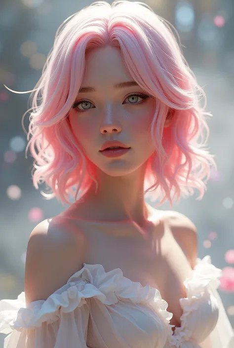 arcanevi, a woman with medium short pink hair wearing a white dress, female face, unreal engine character art, portrait