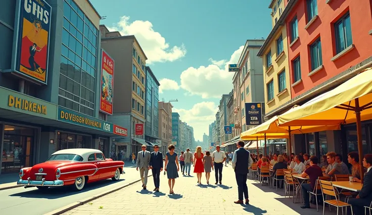 

A vibrant West German scene in the 1960s: In the foreground, modern glass and steel buildings, reflecting economic prosperity. Well-dressed people walk down the streets, smiling and talking, while outdoor cafes are full of customers. Elegant cars pass th...