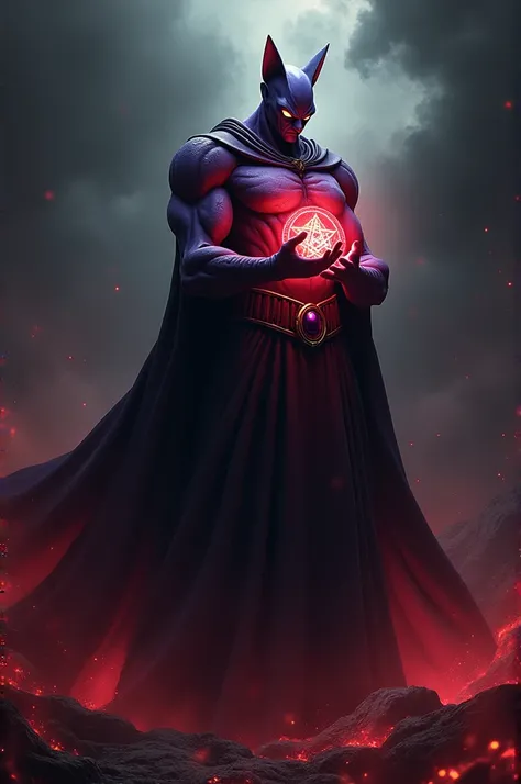 The same 3D Beerus wears a black robe while holding a lighted pentagram with a mixed black and red background.