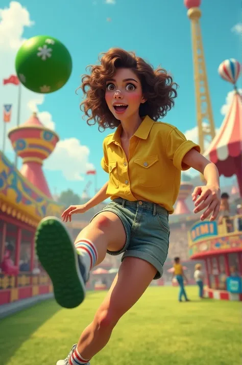  curly hair, brown hair color, brown eyes, usa piercing no septo, slanted eyes, wearing yellow blouse, is kicking a green ball in the air, in the background there is an amusement park 